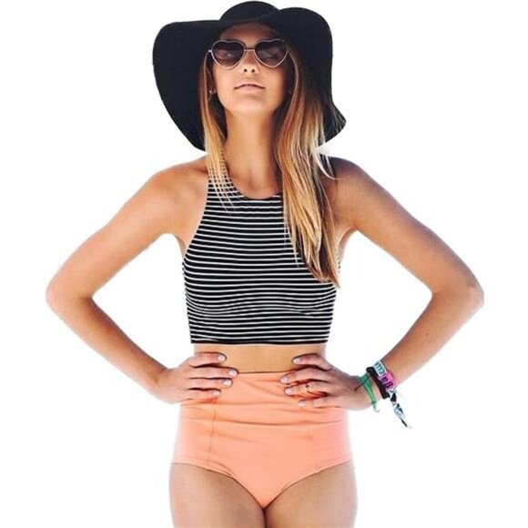 Women's 2PCS Tripe Padded Push Up High Waisted Bikini Swimsuit Swimwear